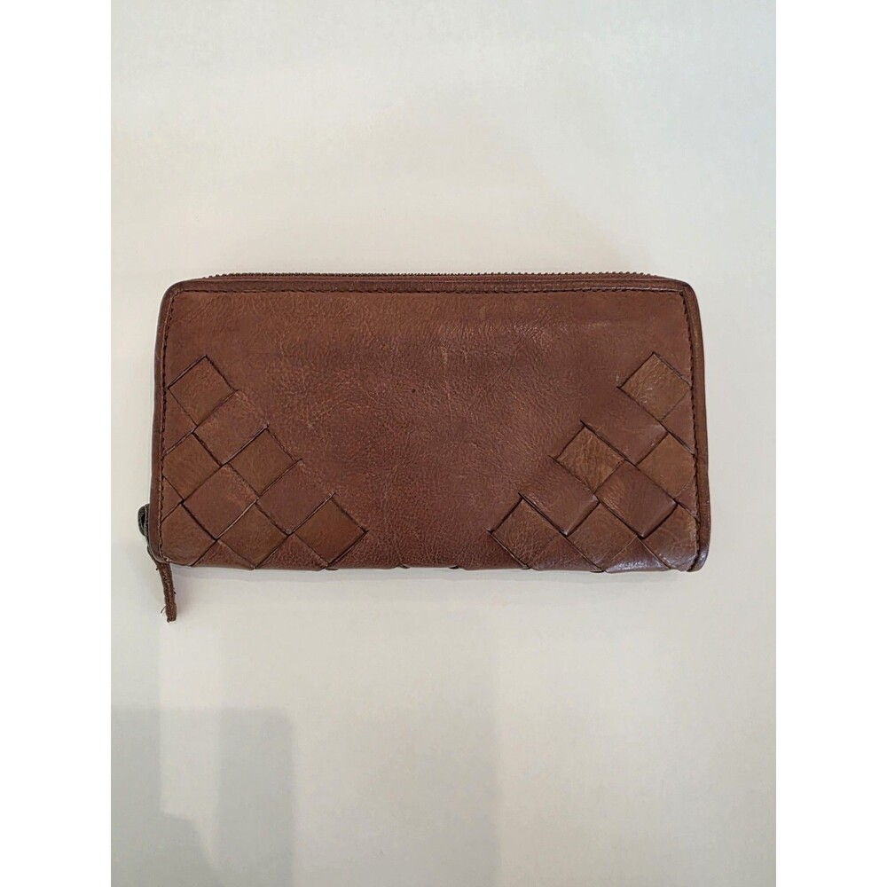 Genuine Cognac Leather Basket Weave Women's Bifold Wallet Clutch